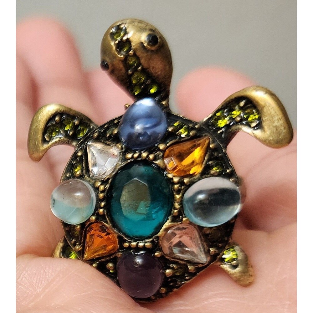 UNIQUE TURTLE DESIGN BRASS RING WITH MULTI Stone TOP, SIZE 8.75